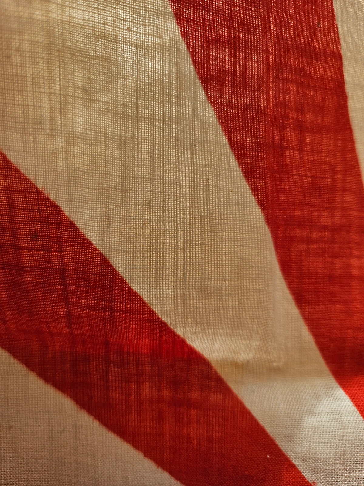 Cotton weave and printed red sunburst, macro view.