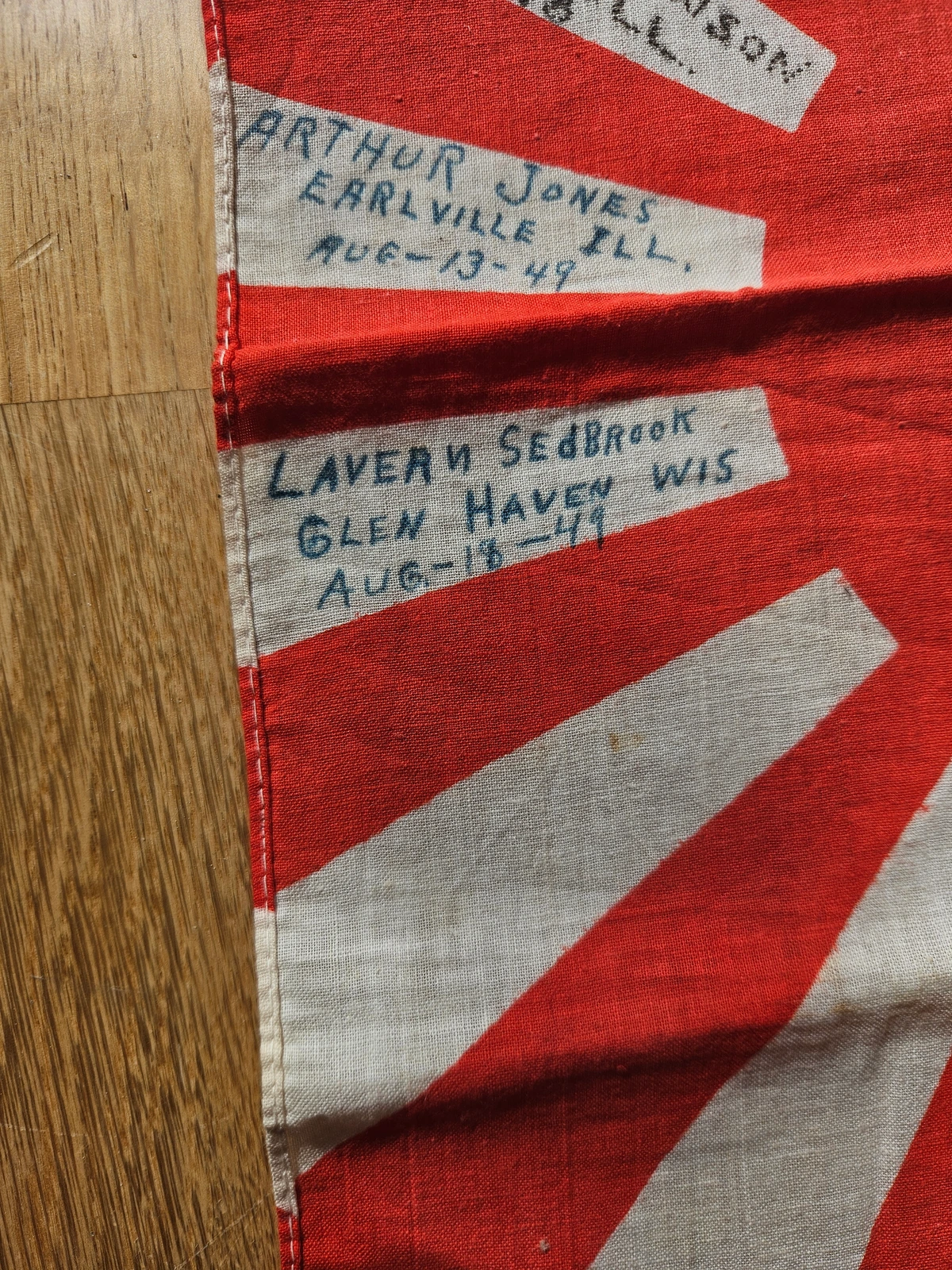 Arthur G. Jones (Earlville, IL — Aug 13, 1949) and Lavern F. Sedbrook (Glen Haven, WI — Aug 18, 1949) inscriptions.