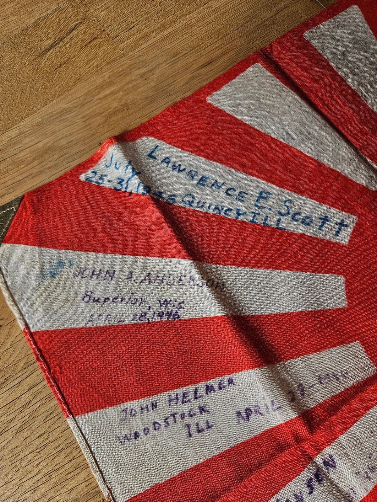 Lawrence E. Scott and John A. Anderson inscriptions: Quincy, IL (Jul 25–31, 1946) and Superior, WI (Apr 28, 1946).