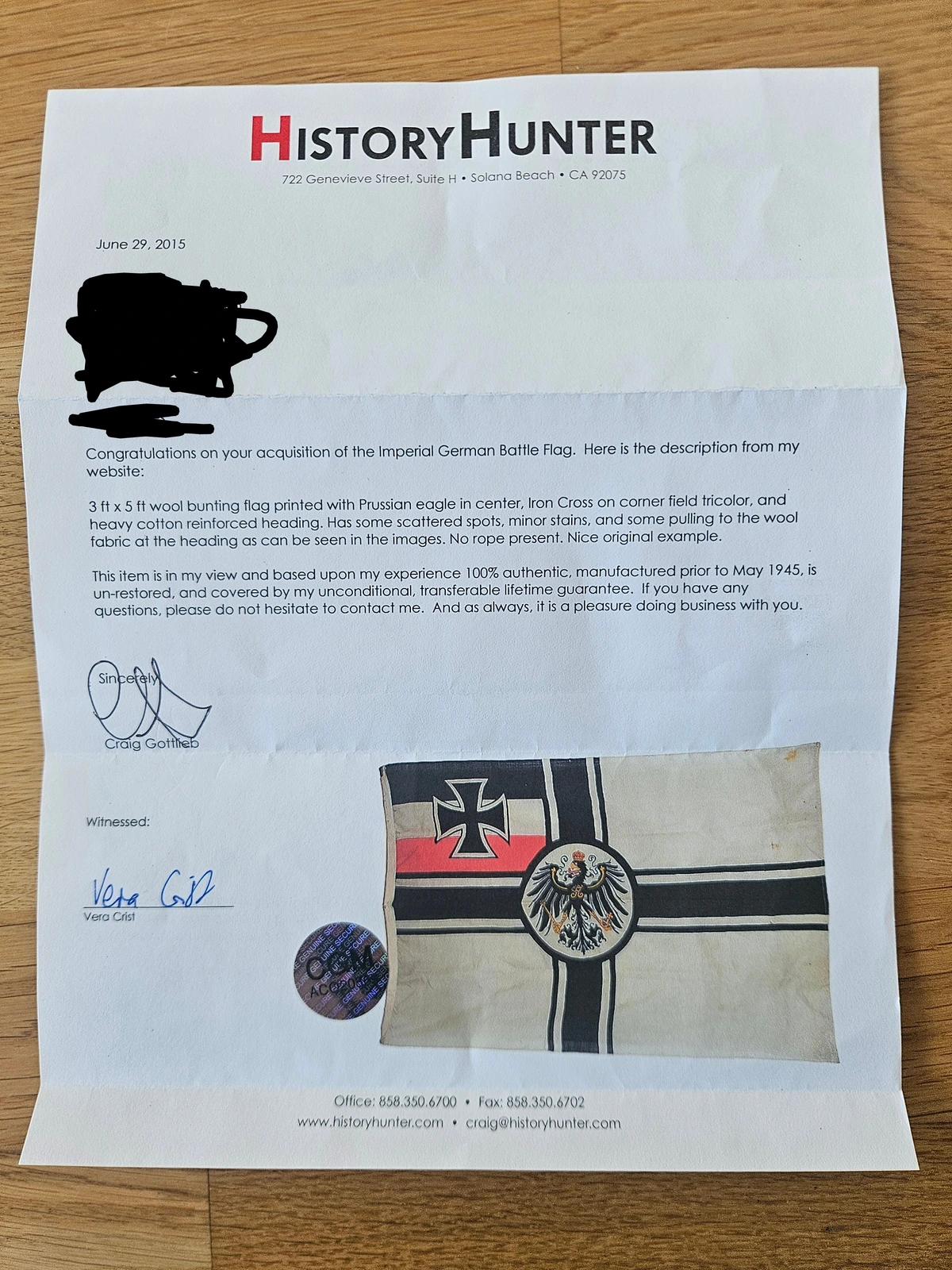History Hunter letter by Craig Gottlieb (provenance).