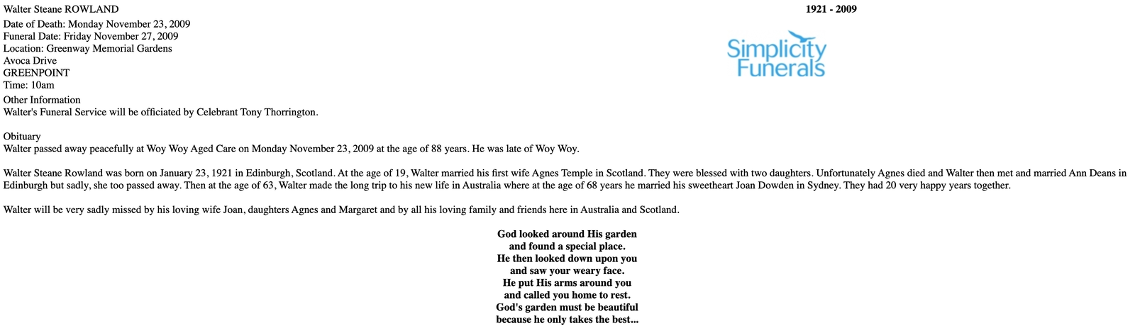 Walter Rowland obituary