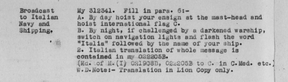 Allied naval broadcast, August 1943 – instruction to Italian ships to hoist International Code Flag C